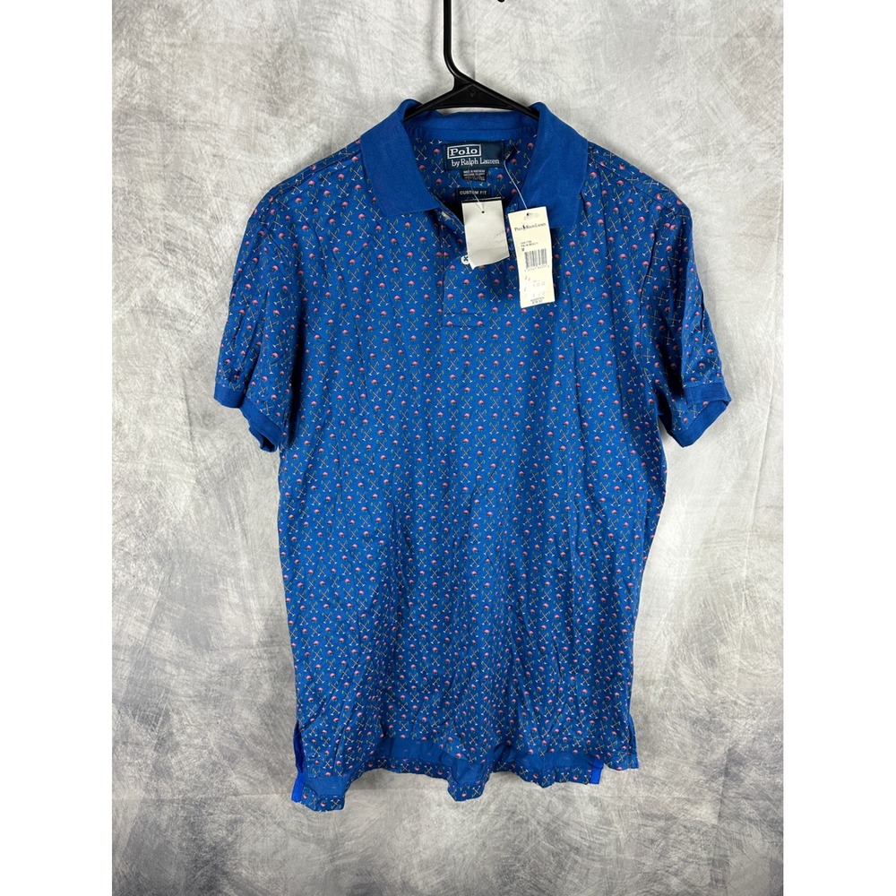 VTG Polo Ralph Lauren Mens Blue Polo Mallet Helmet Print Custom Fit Shirt NWT M